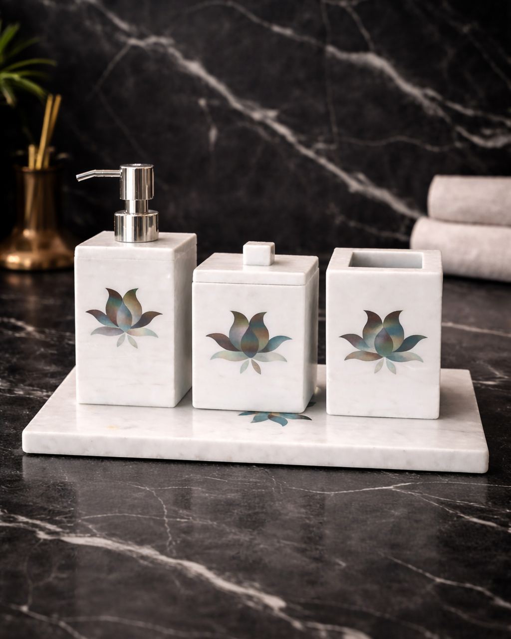 Veloura Marble Bath Set with Mother Of Pearl Inlay