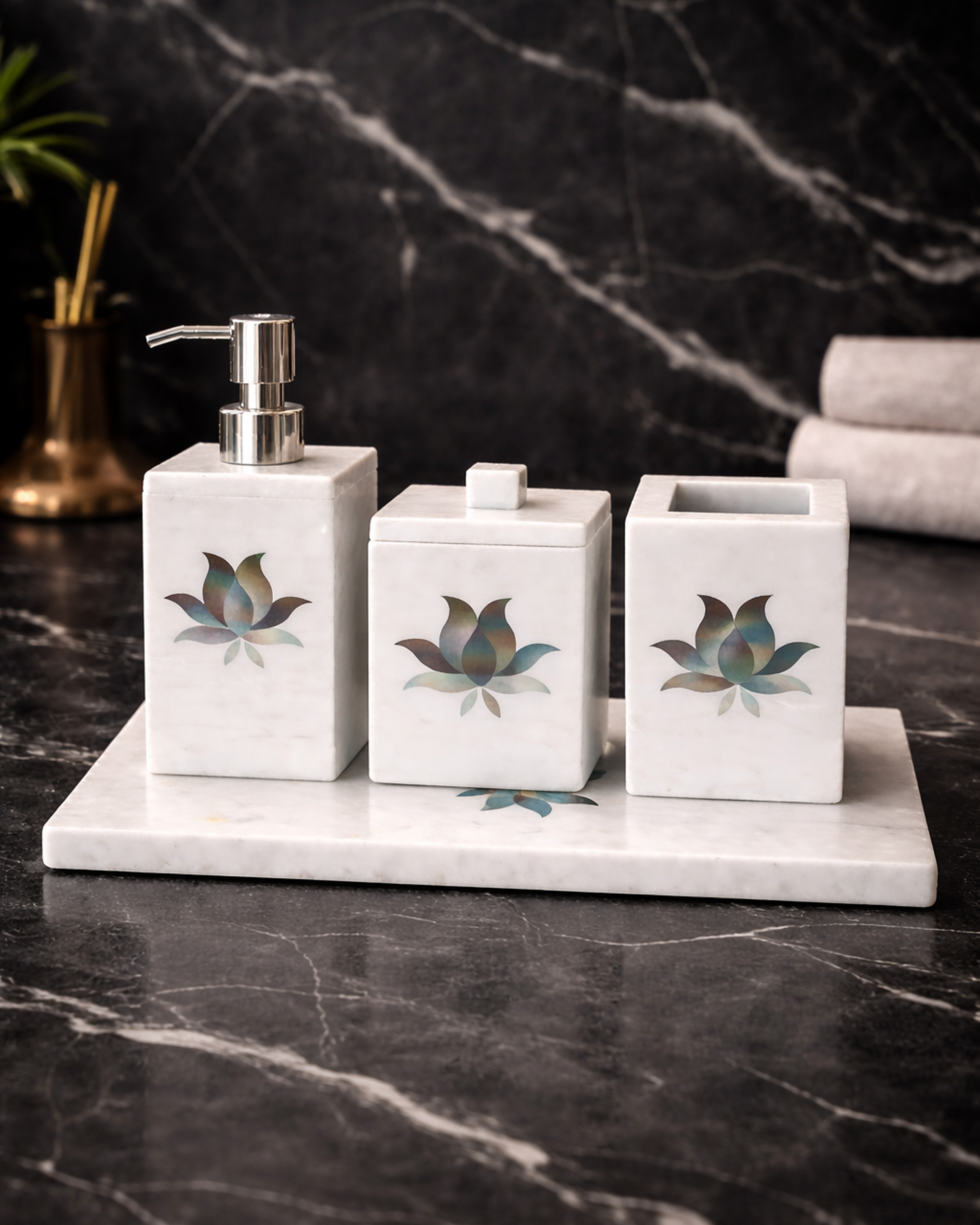 Veloura Marble Bath Set with Mother Of Pearl Inlay