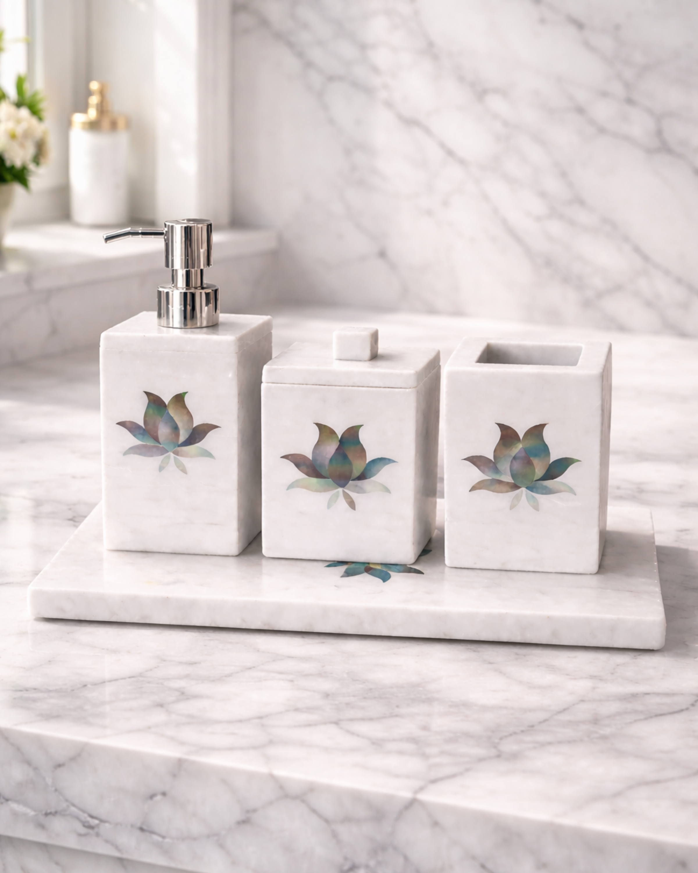 Veloura Marble Bath Set with Mother Of Pearl Inlay
