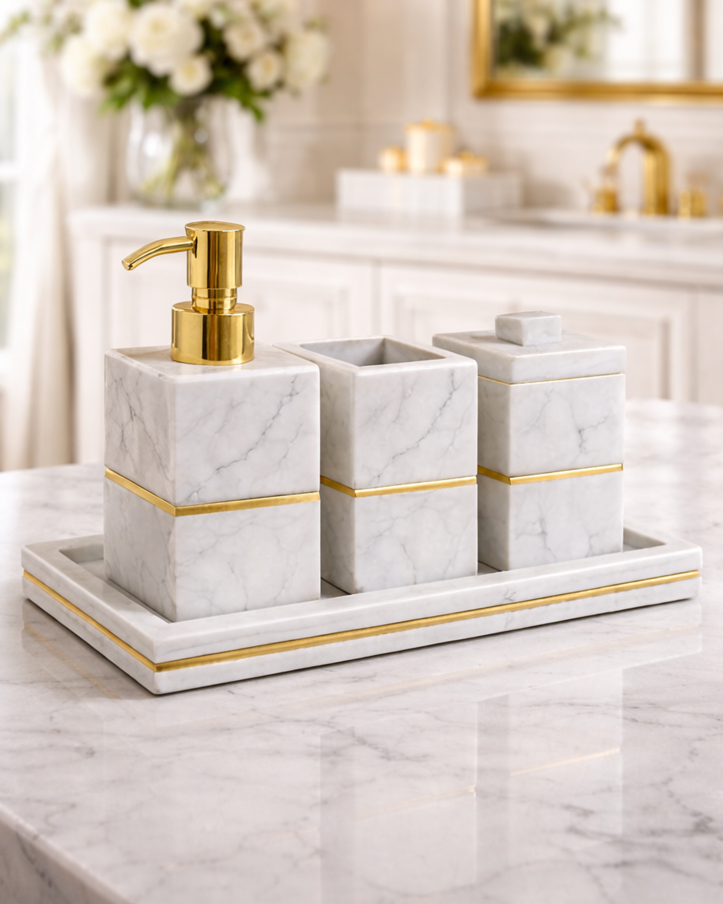 Aurelia Marble and Brass Bath Set (White)